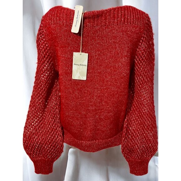 Tommy Bahama Holiday Red Balloon Sleeve Sweater Metallic Threading Medium NEW - Picture 9 of 10